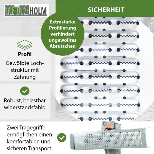 Trutz Holm Logo. Detailansicht der Lochstruktur einer Auffahrrampe zur Erhöhung der Sicherheit und zur Vermeidung von ungewolltem Abrutschen. Zwei Tragegriffe ermöglichen einen komfortablen und sicheren Transport.