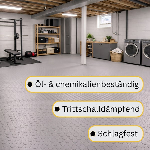 Heller Kellerraum mit Fitness- und Wäschebereich sowie Noppen-Bodenfliesen. Öl- und chemikalienbeständig, trittschalldämpfend und schlagfest.