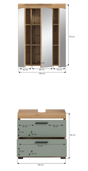 Badezimmermöbel-Set aus Spiegelschrank und Waschbeckenunterschrank mit Maßangaben. Breite 60 Zentimeter, Holzoptik und grüne Fronten.