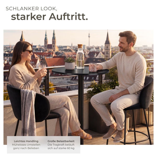 Ein Paar auf einer Dachterrasse an einem runden schwarzen Bistrotisch und Barhockern mit Stadtpanorama im Hintergrund.