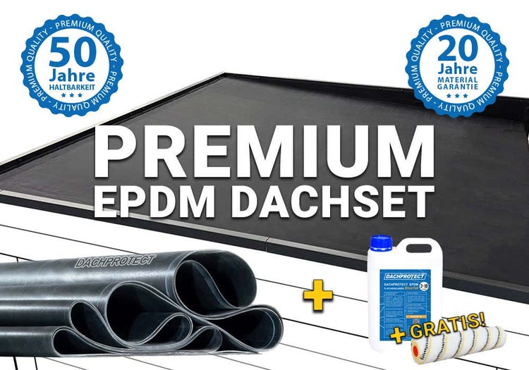 Premium EPDM Dachset bestehend aus Dachfolie, Kleber und gratis Farbrolle. Siegel für 50 Jahre Haltbarkeit und 20 Jahre Materialgarantie.