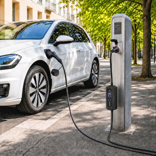 Ein weißes Elektroauto lädt an einer öffentlichen Ladesäule am Straßenrand mit einem angeschlossenen Ladekabel.