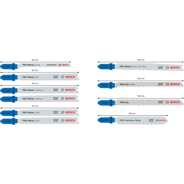Verschiedene Stichsägeblätter für Metall und Aluminium mit Angaben zur Länge und Bosch Logo