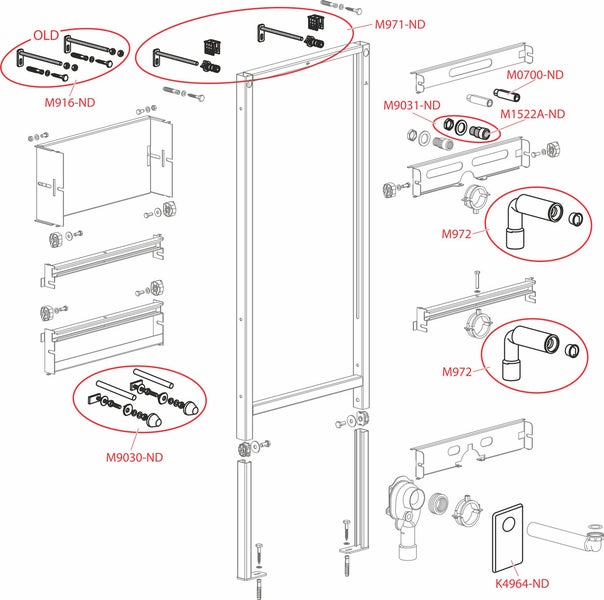 Explosionszeichnung von Ersatzteilen für ein Vorwandelement mit markierten Komponenten und Artikelnummern.