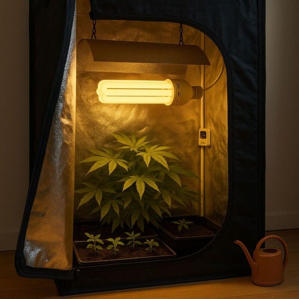 Growbox mit reflektierender Innenbeschichtung, einer Pflanzenlampe und Pflanzen in verschiedenen Wachstumsstadien.