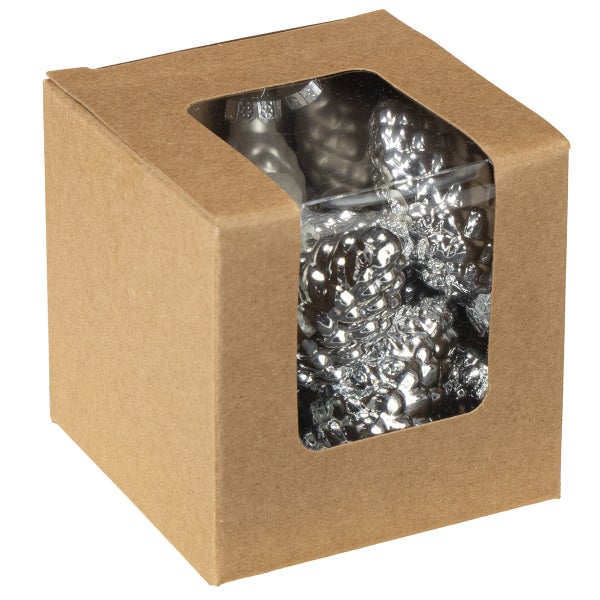 Karton mit silberfarbenen Tannenzapfen-Weihnachtsbaumschmuck