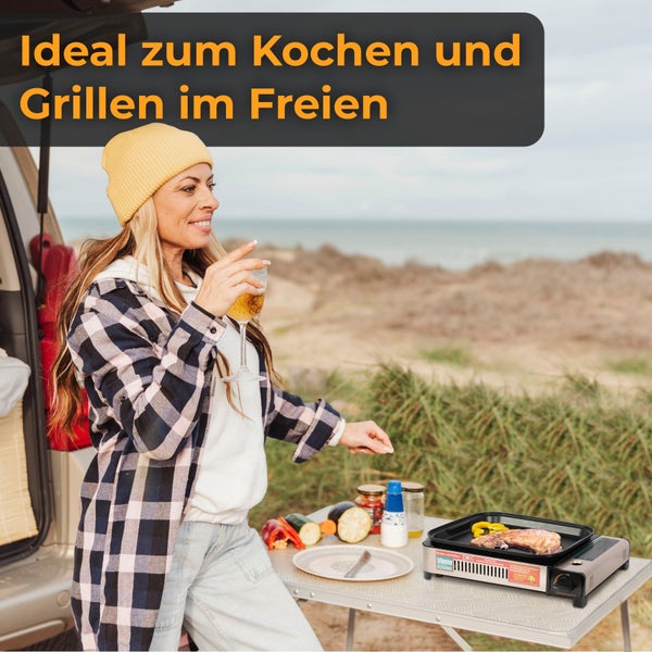 ZMC 2-in-1 Gaskocher und Gasgrill + 24 Gaskartuschen 227g, inkl. Grillplatte, Pfanne, Glasdeckel und Koffer, Campingkocher für innen- und Außenbereich