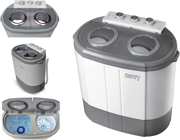JUNG CAMRY CR8052 Mini Waschmaschine mit Schleuder weiss/grau, Waschautomat bis 3 KG, 2 Kammer Reisewaschmaschine, Miniwaschmaschine, Camping Mobile Waschmaschine, Toploader