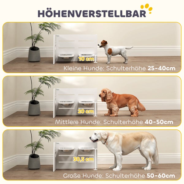 PawHut Hundenapf erhöht, 3 Stufen Höhenverstellbar Futternapf für Hunde mit Separatem Design, Anti-Schling-Matte, Fressnapf mit 2 Edelstahl-Schüsseln, für alle große Hunde, Weiß