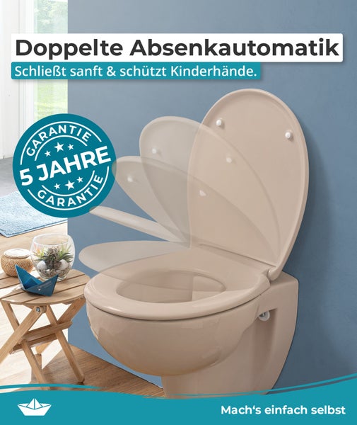 Calmwaters® WC Sitz Original einfache Montage, Premium Toilettendeckel bis 250 kg, Made in EU, antibakterieller Duroplast, Absenkautomatik, 2 Montage Optionen, abnehmbar, Klobrille, oval, Beige-Bahamabeige