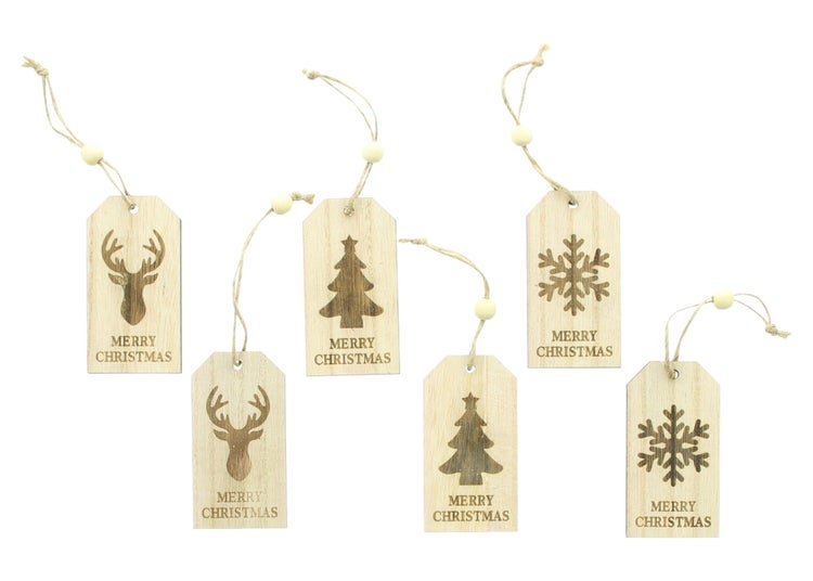 FRANK FLECHTWAREN | Hänger Merry Christmas, 6er Set, 4,5 x 9 cm, HOLZ, JUTE