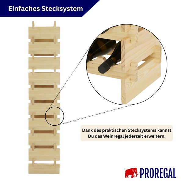 Modularer Weinregal aus Holz mit einem erweiterbaren Stecksystem, das zeigt, wie die Elemente ineinandergreifen.
