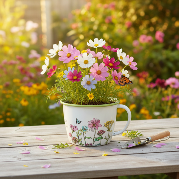 Blumentopf in Tassenform mit bunten Cosmea-Blüten und einem Schmetterling auf einem Holztisch im sonnigen Garten mit einer kleinen Pflanzkelle.