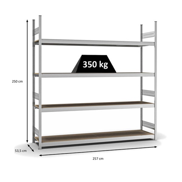 PROREGAL Weitspannregal Stecksystem T-Profil Grundregal HxBxT 250x250x50 cm 4 Ebenen Spanplatten Fachboden Fachlast 350 kg Verzinkt