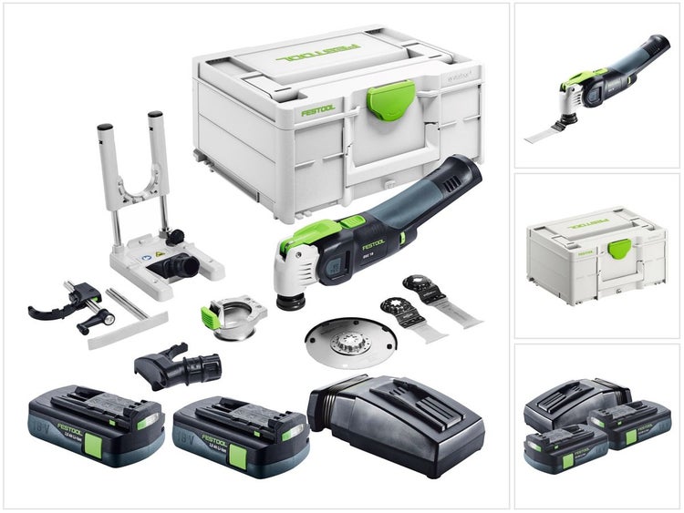 Festool VECTURO OSC 18 E-Basic Set Akku Oszillierer 18 V Starlock Max Brushless + 2x Akku 3,0 Ah + Ladegerät + 7 tlg. Zubehör Set + Systainer