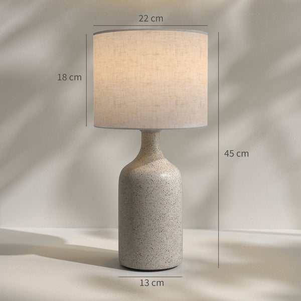 Tischleuchte mit Textilschirm und gesprenkeltem Lampenfuß, geeignet für E27 Leuchtmittel bis 40 Watt mit Wippschalter am Kabel.