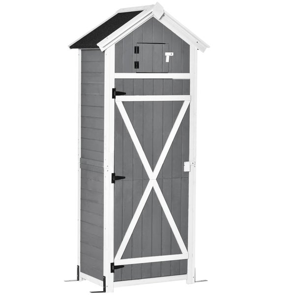 Outsunny Gartenschrank Holz, Geräteschuppen wetterfest 78x52,5x182cm, Gerätehaus mit Tür, Satteldach, Geräteschrank mit Haken, faltbar Tisch, Werkzeugschrank Gartenschuppen für Garten, Terrasse, Grau