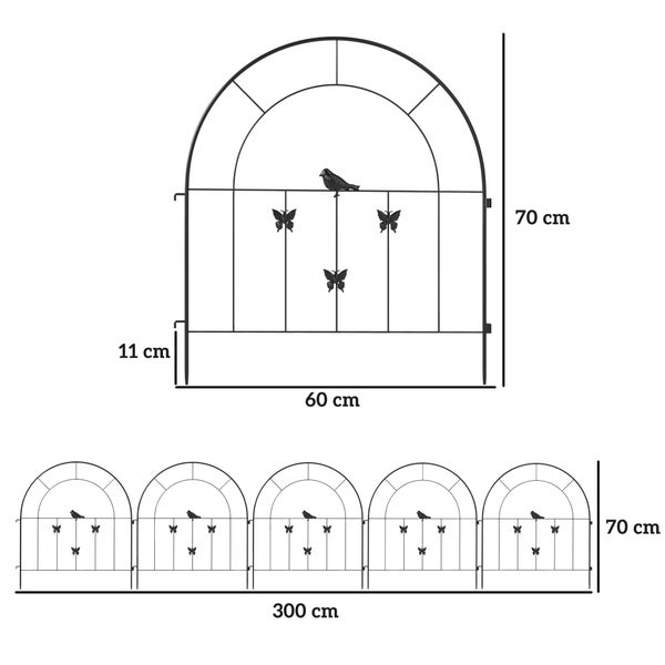 Outsunny Gartenzaun Zaun Stahl 300 cm x 70 cm hoch Dekorativer Gitterzaun Set Zaunelemente Hundezaun Oberbogen Zaun für Hunde Landschaftszaun für Garten Blumenbeete Tierbarriere Außenbereich Schwarz