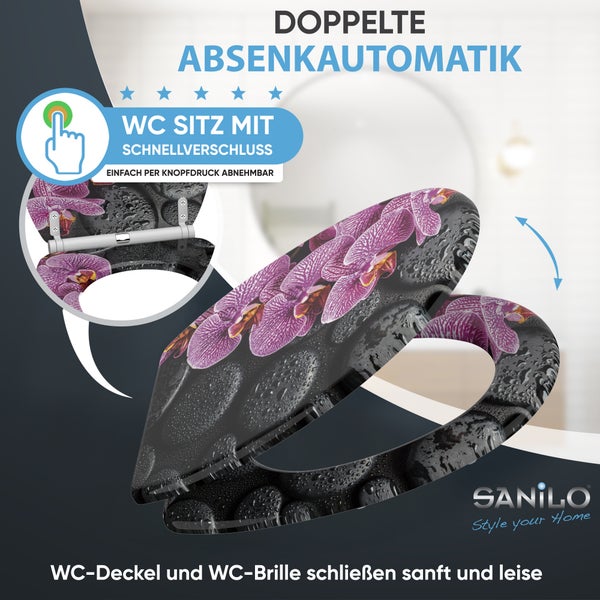 Sanilo Logo. WC-Sitz mit Orchideen-Motiv, doppelter Absenkautomatik und Schnellverschluss zum leichten Abnehmen per Knopfdruck.