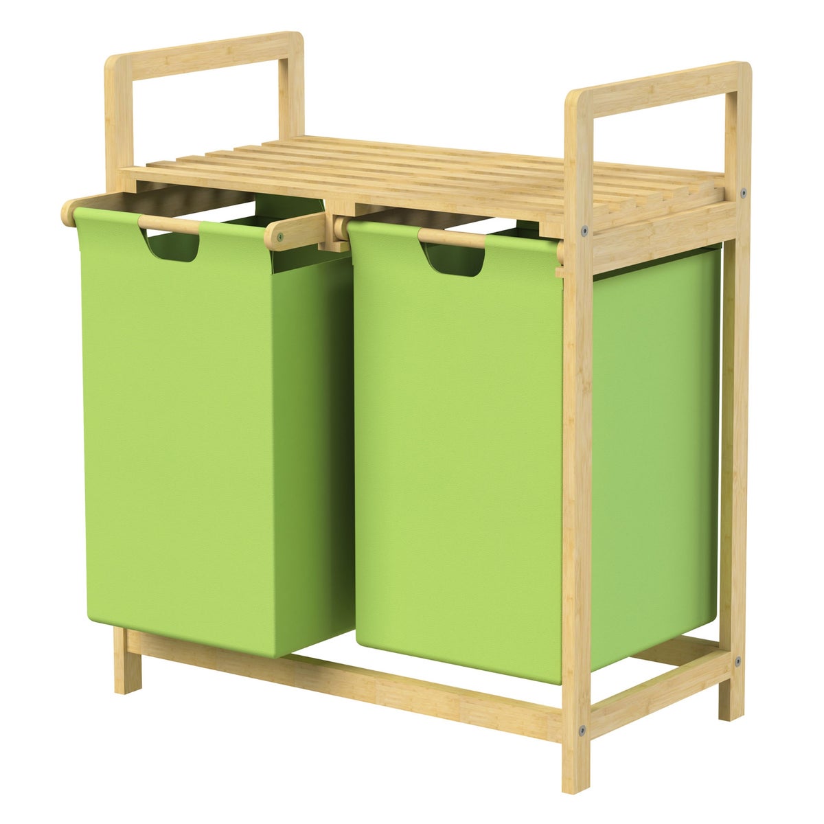 ML-Design Wäschekorb aus Bambus, Grün, Wäschebox mit 2 Fächern, Wäschesammler mit 2 ausziehbaren Wäschesäcken 60 L, Wäschetruhe mit Ablage, Wäschesortierer für Badezimmer, Wäschetonne mit Regal