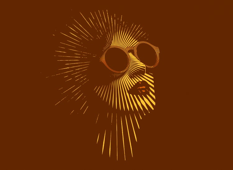 Grafische Wandkunst mit einem Gesichtsprofil und einer runden Brille, bestehend aus strahlenförmigen Linien.