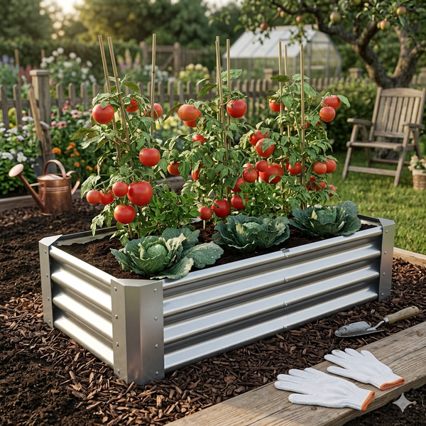 Hochbeet aus Metall mit Tomatenpflanzen und Kohl im Garten, inklusive Gießkanne, Handschuhen und Schaufel.