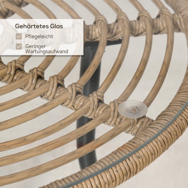 Garten-Tischplatte aus Polyrattan-Geflecht mit gehärtetem Glas, pflegeleicht und wartungsarm.
