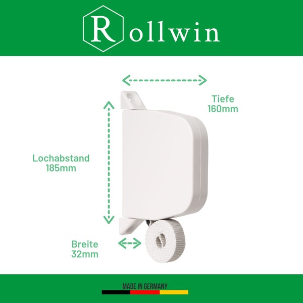 Rollwin 2x Rolladen Gurtwickler Aufputz - aus Deutschland - 185mm Lochabstand Weiß - Maxi Rollladen Aufwickler mit 5m Gurt 23mm Grau genoppt Maxi Wickler aufklappbar inklusive Rolladengurt