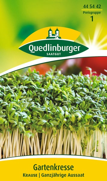 Samentüte für Gartenkresse Krause von Quedlinburger Saatgut, geeignet für die ganzjährige Aussaat.