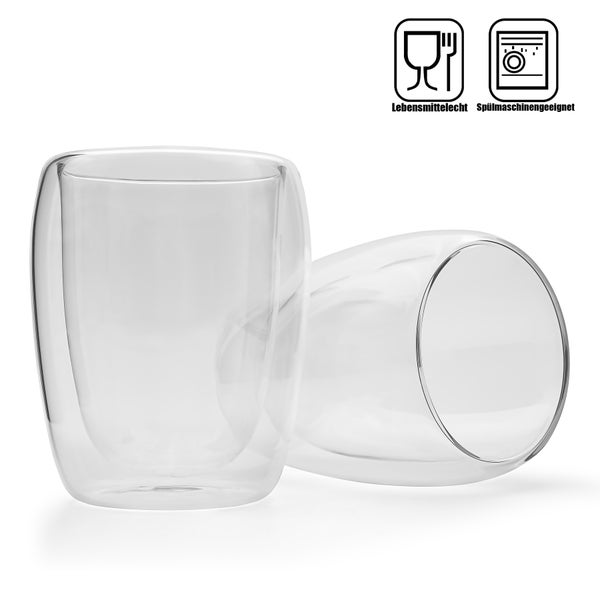 Doppelwandige Gläser aus transparentem Glas, lebensmittelecht und spülmaschinengeeignet.