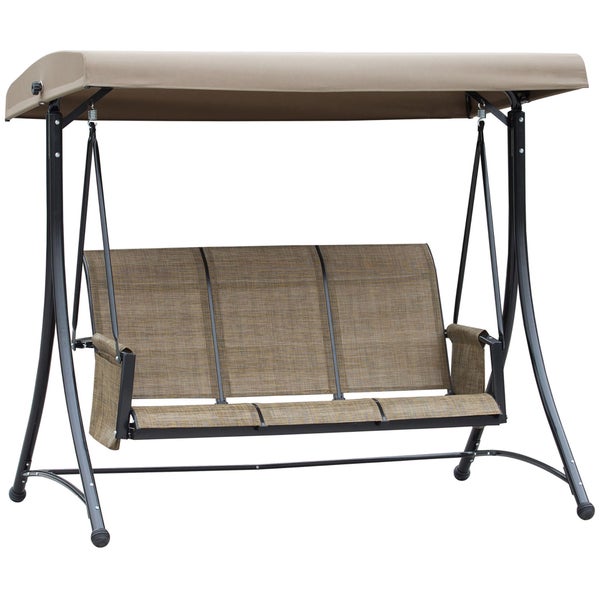 Outsunny Hollywoodschaukel mit Seitentasche, 3-Sitzer Gartenschaukel mit verstellbarem Sonnendach, Schaukelbank belast bis 300kg, für Garten, Terrasse, 196 x 128 x 172 cm, Braun