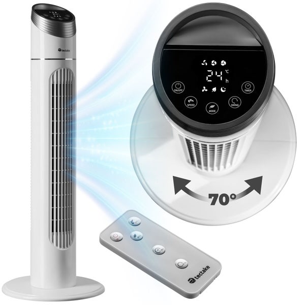 tectake Turmventilator mit Digitalanzeige, Fernbedienung, 70 Grad Oszillation und tectake Logo.