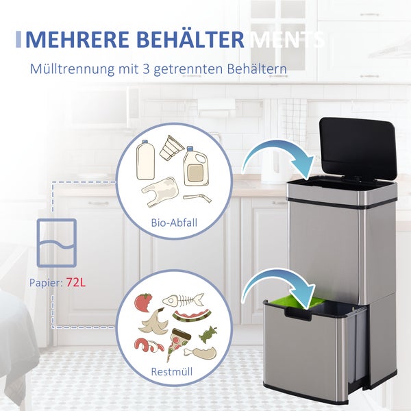 HOMCOM, Automatik Mülleimer, Abfalleimer, L42 x B30 x H81 cm, Edelstahl, ABS, Silber