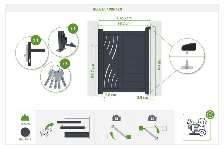 Aluminium-Tor Veleta 100P120, Anthrazit RAL 7016, 103 mal 135 Zentimeter, inklusive Zubehör, 18,5 Kilogramm, kompatibel mit elektrischem Torantrieb.