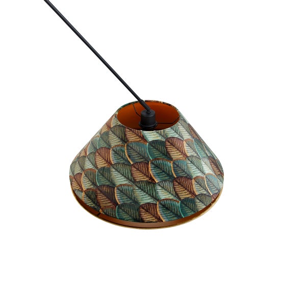 Pendelleuchte mit konischem Lampenschirm und Blattmuster in Petrol und Braun