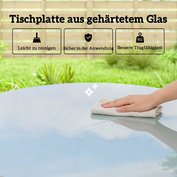 Tischplatte aus gehärtetem Glas, leicht zu reinigen, sicher in der Anwendung und hohe Tragfähigkeit.