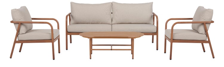 Garten-Lounge-Set bestehend aus einem Sofa, zwei Sesseln und einem ovalen Tisch, Gestell in Holzoptik mit hellen Polstern.