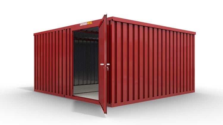 Lagercontainer Gerätehaus L2  – 16 qm, H2150 x B4050 x T4340 mm, Außenwandlackierung RAL 3000 feuerrot, Dach außen verzinkt, mit Holzfußboden, 1270 mm Einflügeltür mittig in Modul D, montiert