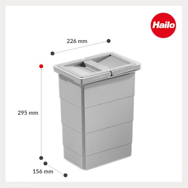 Hailo Logo. Grauer Mülleimer-Einsatz aus Kunststoff mit Maßen: Höhe 295 Millimeter, Breite 226 Millimeter, Tiefe 156 Millimeter.