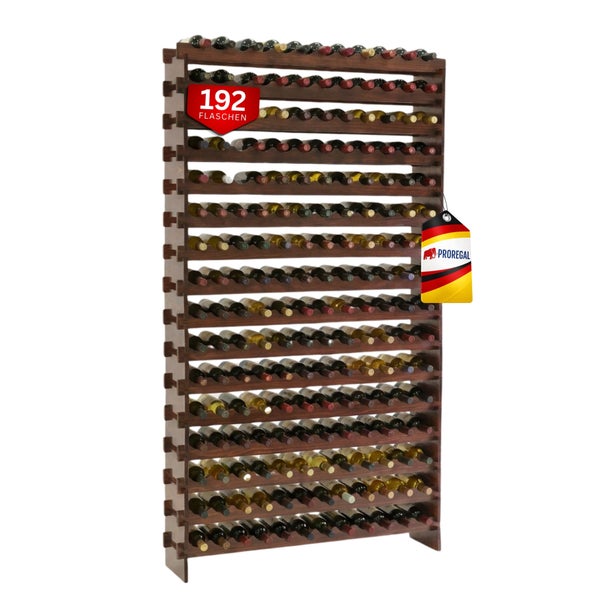 Proregal Weinregal aus Holz in Dunkelbraun, bietet Platz für einhundertzweiundneunzig Flaschen, voll bestückt.