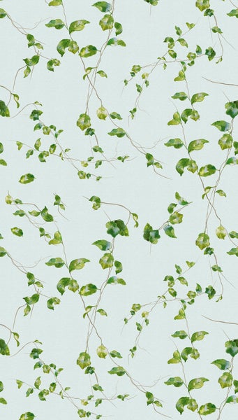Vliestapete mit filigranem Muster aus grünen Ranken und Blättern.