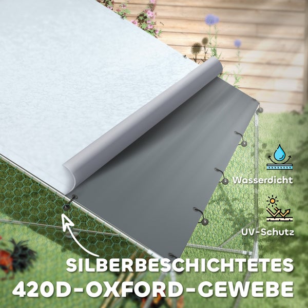 PawHut Hühnerstall Freilaufgehege aus Stahl, 300 x 600 x 195 cm Hühnerkäfig mit UV-beständiger Abdeckung, Futtertür, Hängefütterung, Sitzstange, Hühnergehege für 18-24 Hühner, Kleintiere, Silber