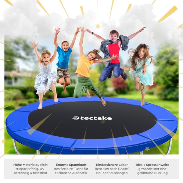 Kinder springen auf einem blauen Tectake Trampolin im Garten.