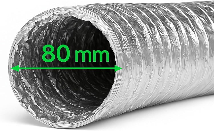 Flexibles Lüftungsrohr aus Aluminium mit einem Durchmesser von 80 Millimeter.
