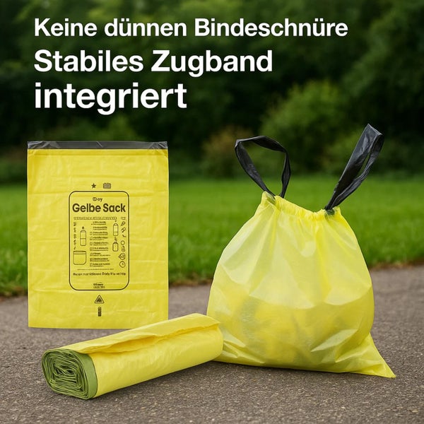 Gelber Sack mit Zugband und Rolle gelber Säcke.