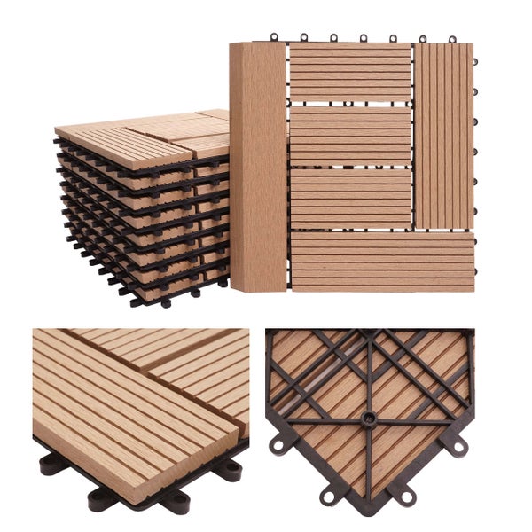Stapel und Detailansichten von Terrassenfliesen aus Holz-Kunststoff-Verbund mit Klicksystem, Holzoptik Oberfläche mit Rillen.