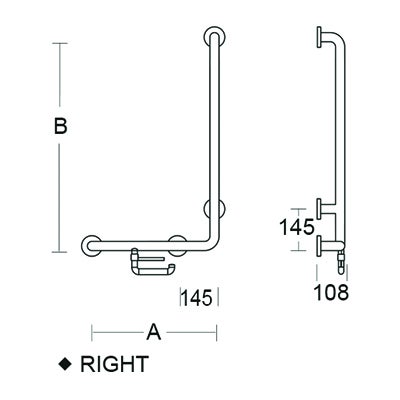 Technische Zeichnung eines L-förmigen Haltegriffs für die rechte Seite mit integriertem Toilettenpapierhalter und Maßangaben.