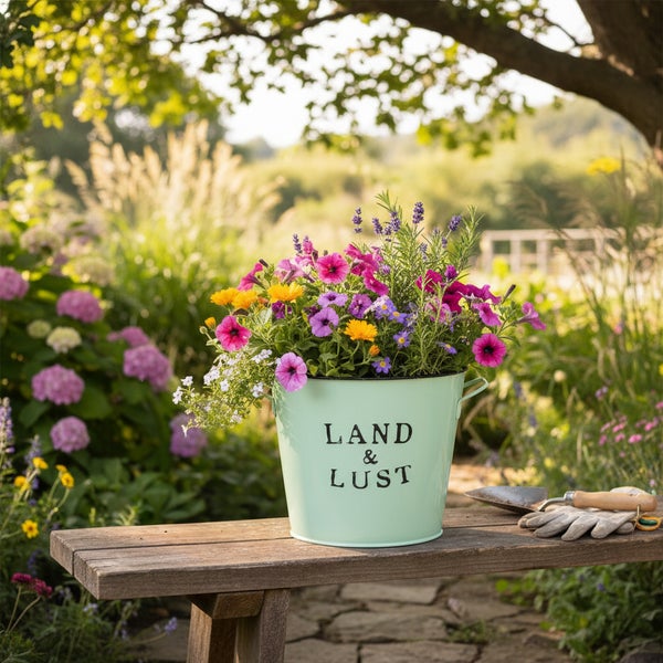 Metall-Pflanzeimer in Mintgrün mit Aufschrift LAND & LUST, bepflanzt mit bunten Sommerblumen, auf einer Gartenbank neben Pflanzkelle und Handschuhen.