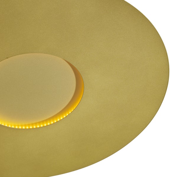 Detailansicht einer runden, goldenen LED-Deckenleuchte.