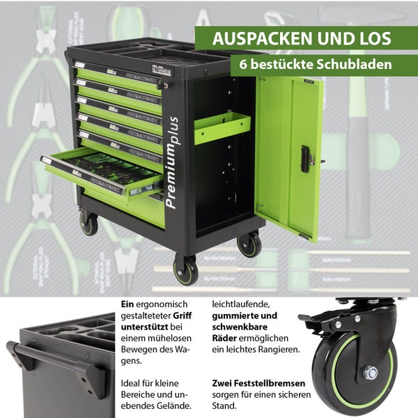Trutzholm Werkstattwagen mit sechs bestückten Schubladen, Seitentür, ergonomischem Griff und gummierten Rollen, geeignet für unebenes Gelände.
